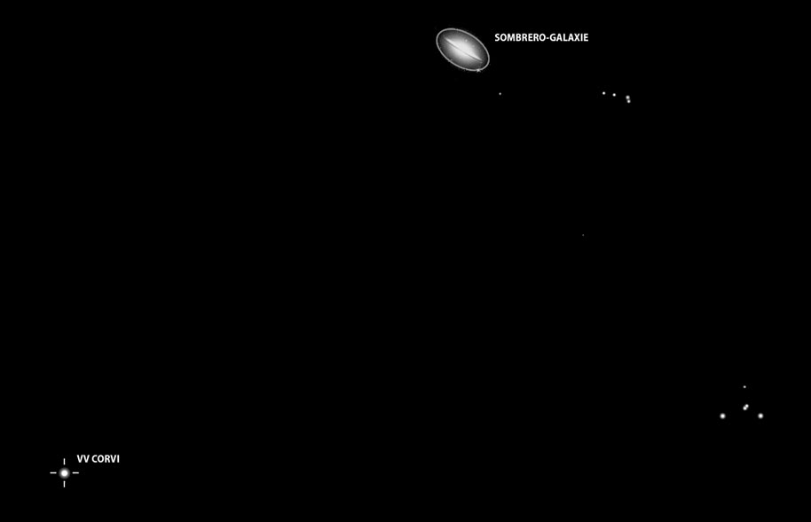 Aufsuchhilfe zur Sombrero-Galaxie, M 104